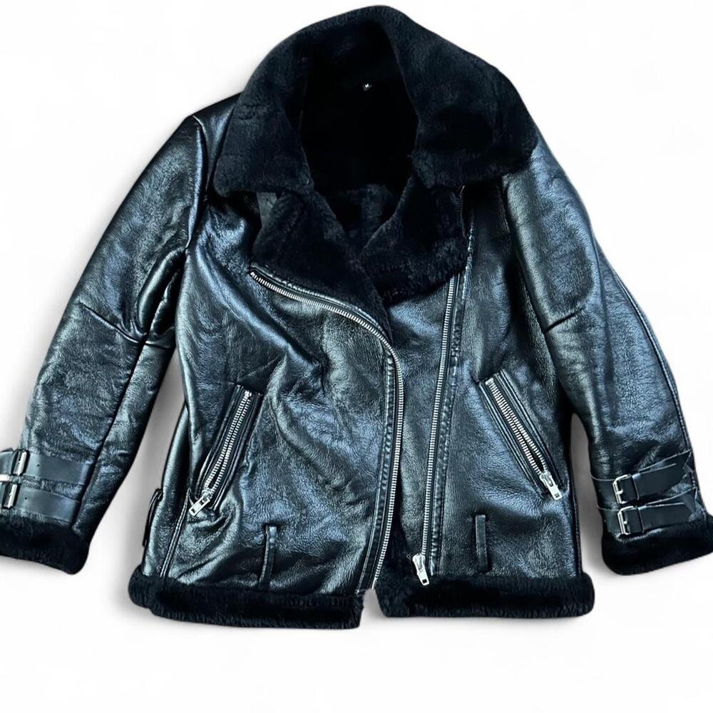 Black Vegan Faux Leather Zip Up Bomber Moto Jacket Faux Fur Collar Trim Buckle M